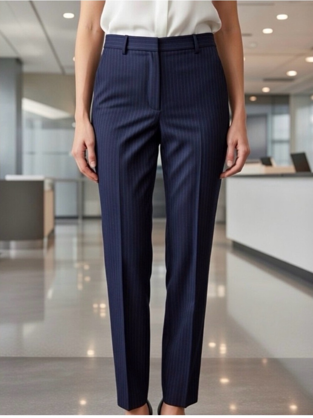 Theory Pants Testra Pale Stripe Wool Blue Trousers Ankle Length Straight Size 12